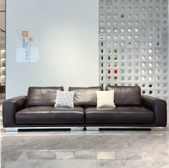 Sophisticated Dark Brown Leather Sofa with Metal Base,Sophisticated Dark Brown Leather Sofa with Metal Base