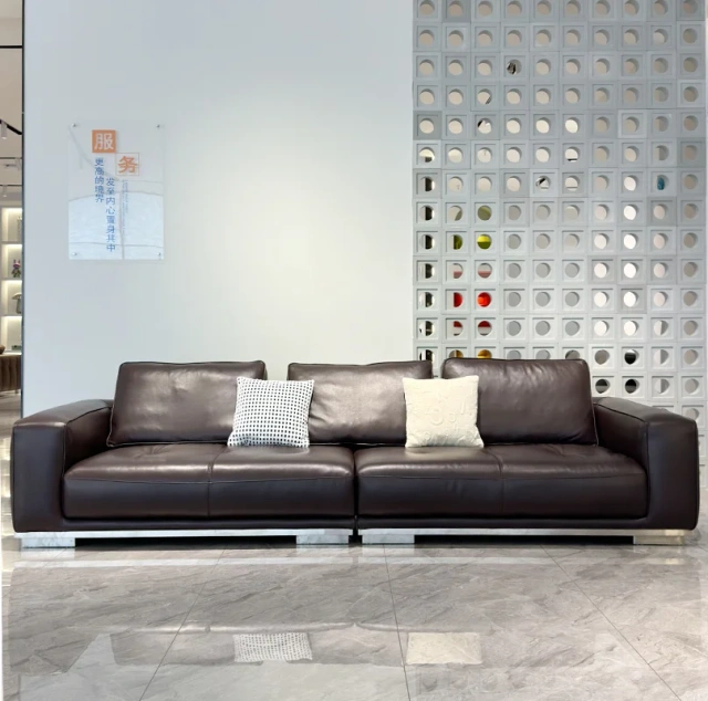 Sophisticated Dark Brown Leather Sofa with Metal Base,Sophisticated Dark Brown Leather Sofa with Metal Base