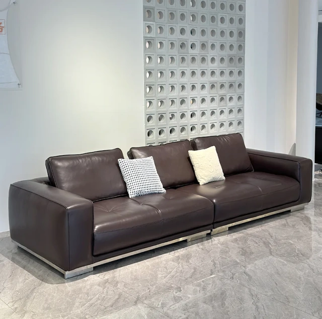 Sophisticated Dark Brown Leather Sofa with Metal Base,Sophisticated Dark Brown Leather Sofa with Metal Base