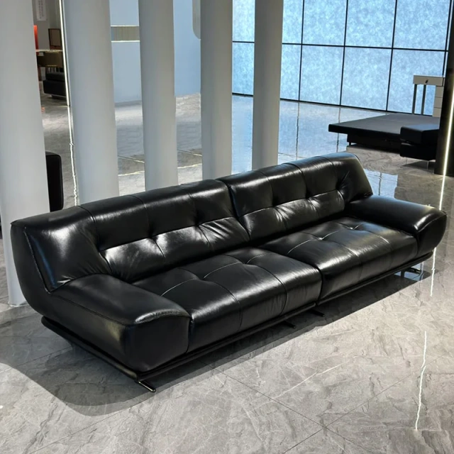 Luxurious Black Leather Sofa with Curved Armrests,Luxurious Black Leather Sofa with Curved Armrests