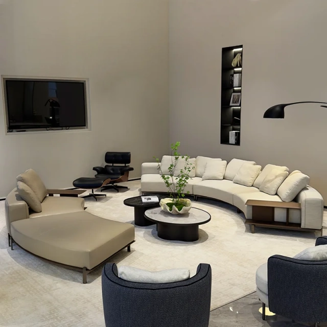 Modern White Curved Sofa with Integrated Side Table,Modern White Curved Sofa with Integrated Side Table