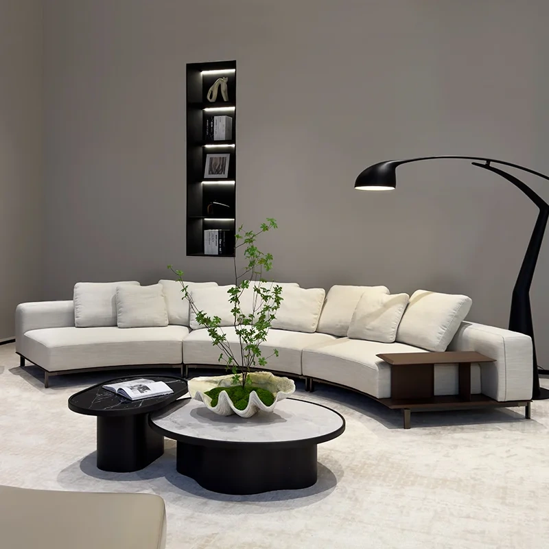 Modern White Curved Sofa with Integrated Side Table,Modern White Curved Sofa with Integrated Side Table