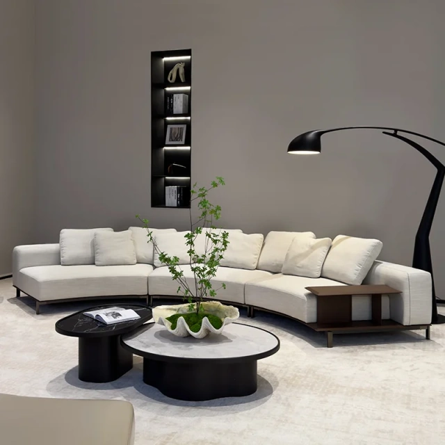 Modern White Curved Sofa with Integrated Side Table,Modern White Curved Sofa with Integrated Side Table