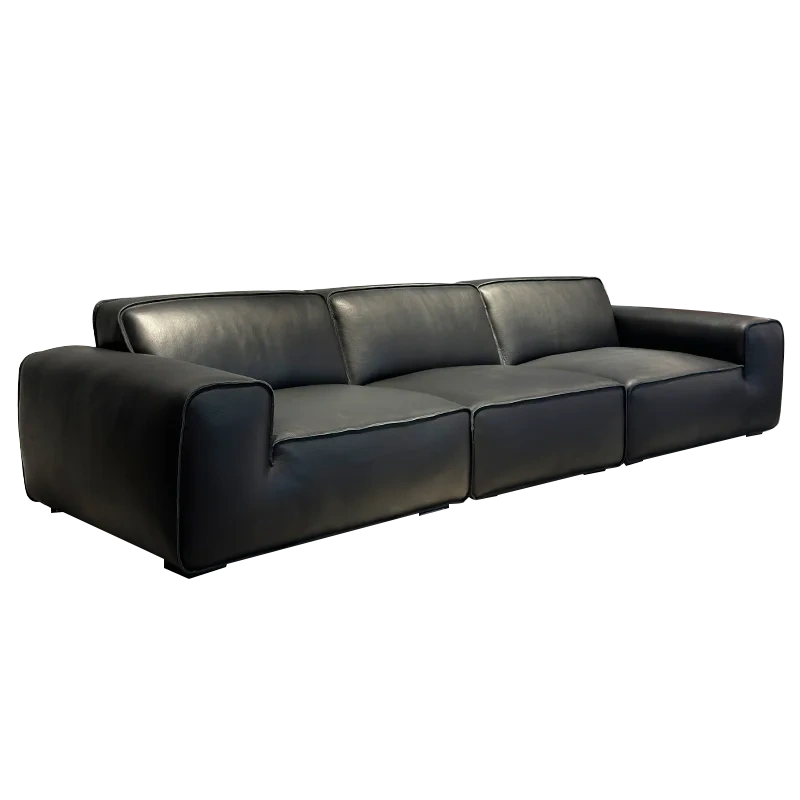 Elegant Black Leather Sofa with Low Profile Design,Elegant Black Leather Sofa with Low Profile Design