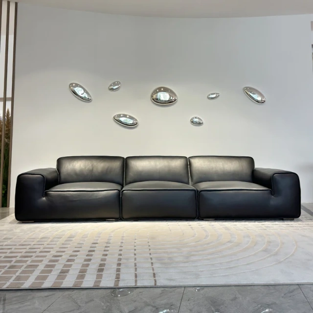 Elegant Black Leather Sofa with Low Profile Design,Elegant Black Leather Sofa with Low Profile Design