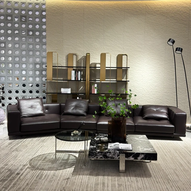 Chic Dark Brown Leather Sofa with Plush Cushions,Chic Dark Brown Leather Sofa with Plush Cushions