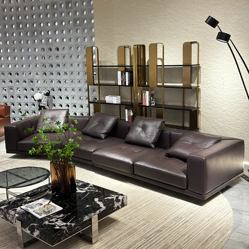 Chic Dark Brown Leather Sofa with Plush Cushions,Chic Dark Brown Leather Sofa with Plush Cushions