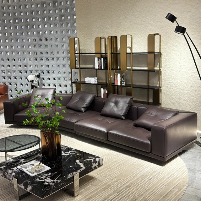 Chic Dark Brown Leather Sofa with Plush Cushions,Chic Dark Brown Leather Sofa with Plush Cushions