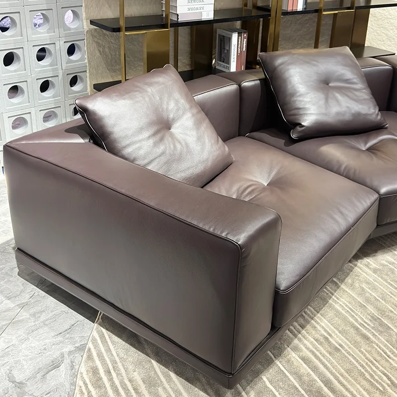 Chic Dark Brown Leather Sofa with Plush Cushions,Chic Dark Brown Leather Sofa with Plush Cushions