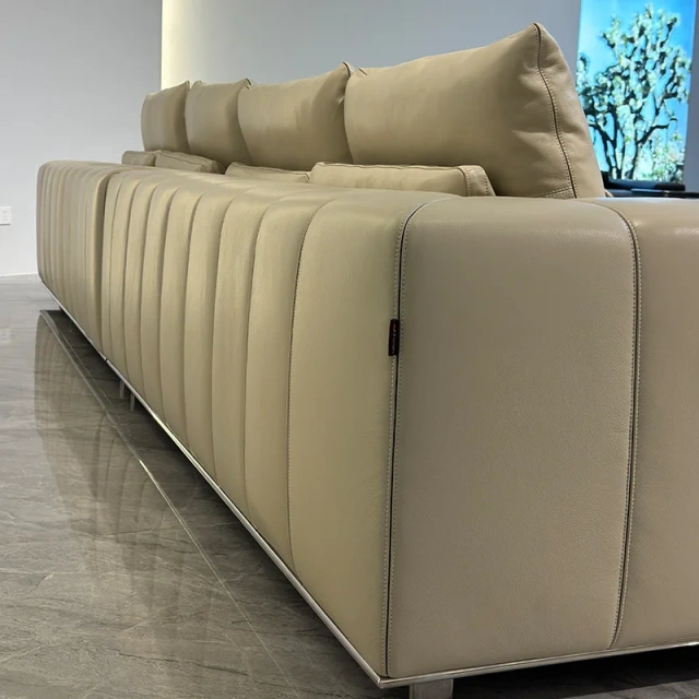 Modern Beige Leather Sofa with Channel Tufted Design,Modern Beige Leather Sofa with Channel Tufted Design