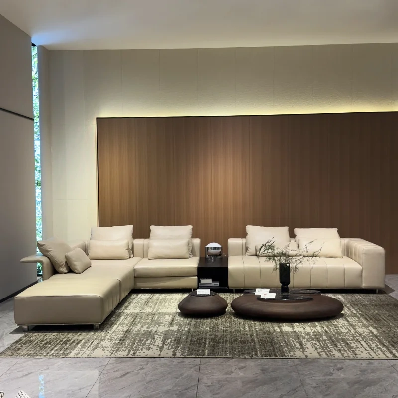 Modern Beige Leather Sofa with Channel Tufted Design,Modern Beige Leather Sofa with Channel Tufted Design