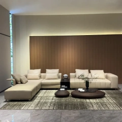 Modern Beige Leather Sofa with Channel Tufted Design,Modern Beige Leather Sofa with Channel Tufted Design