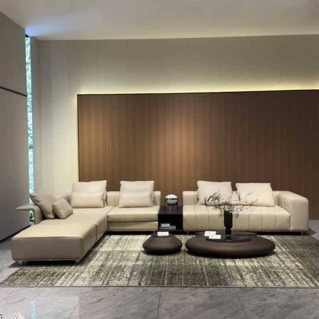 Modern Beige Leather Sofa with Channel Tufted Design,Modern Beige Leather Sofa with Channel Tufted Design