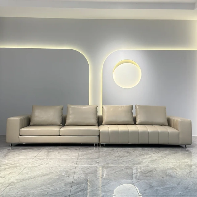 Modern Beige Leather Sofa with Channel Tufted Design,Modern Beige Leather Sofa with Channel Tufted Design