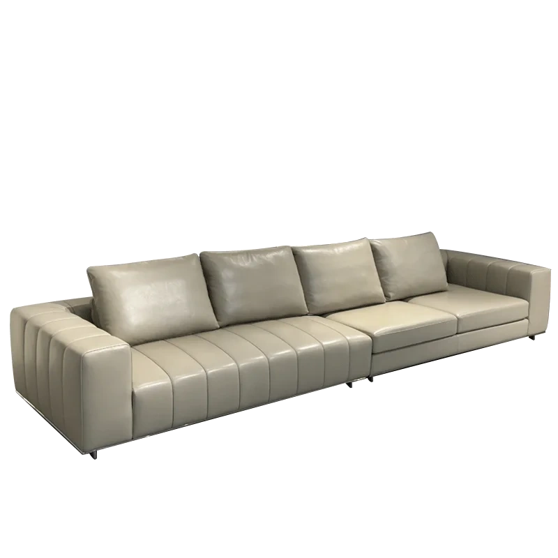 Modern Beige Leather Sofa with Channel Tufted Design,Modern Beige Leather Sofa with Channel Tufted Design