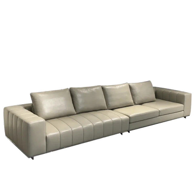Modern Beige Leather Sofa with Channel Tufted Design,Modern Beige Leather Sofa with Channel Tufted Design