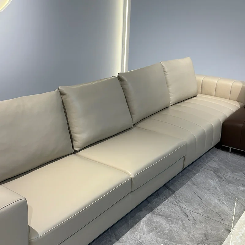 Modern Beige Leather Sofa with Channel Tufted Design,Modern Beige Leather Sofa with Channel Tufted Design