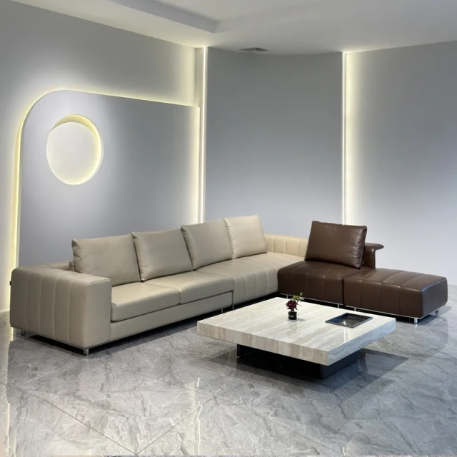 Modern Beige Leather Sofa with Channel Tufted Design,Modern Beige Leather Sofa with Channel Tufted Design