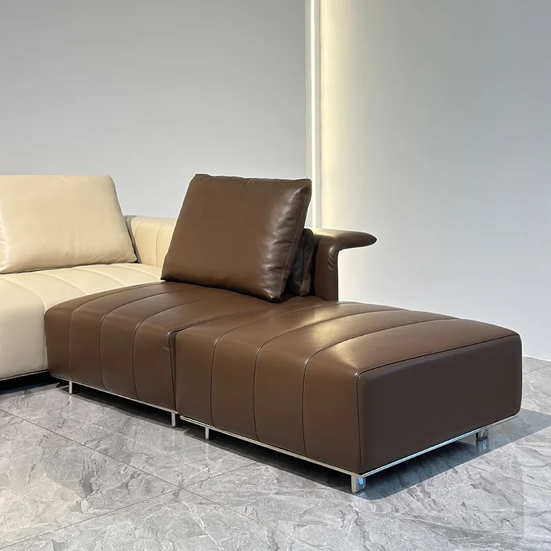 Modern Beige Leather Sofa with Channel Tufted Design,Modern Beige Leather Sofa with Channel Tufted Design