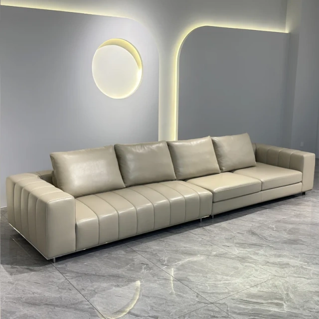 Modern Beige Leather Sofa with Channel Tufted Design,Modern Beige Leather Sofa with Channel Tufted Design
