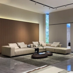 Modern Beige Leather Sofa with Channel Tufted Design,Modern Beige Leather Sofa with Channel Tufted Design