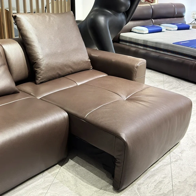 Elegant Brown Leather Sofa with Adjustable Headrests,Elegant Brown Leather Sofa with Adjustable Headrests