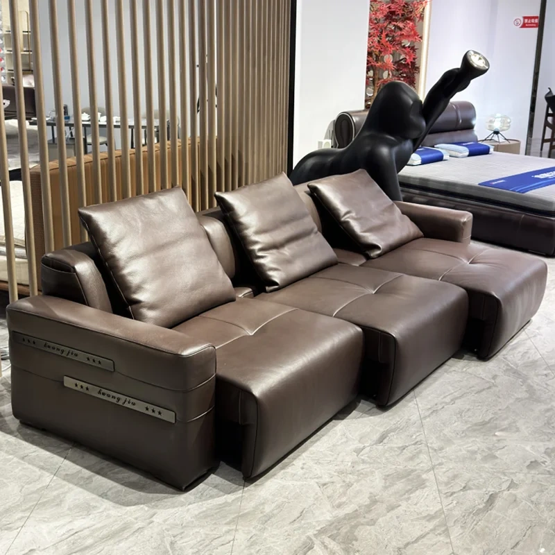 Elegant Brown Leather Sofa with Adjustable Headrests,Elegant Brown Leather Sofa with Adjustable Headrests