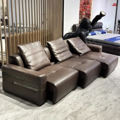 Elegant Brown Leather Sofa with Adjustable Headrests,Elegant Brown Leather Sofa with Adjustable Headrests
