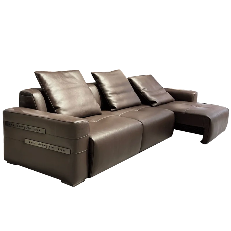 Elegant Brown Leather Sofa with Adjustable Headrests,Elegant Brown Leather Sofa with Adjustable Headrests