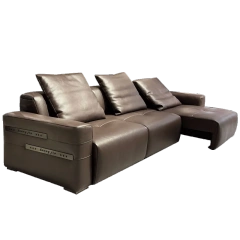 Elegant Brown Leather Sofa with Adjustable Headrests,Elegant Brown Leather Sofa with Adjustable Headrests