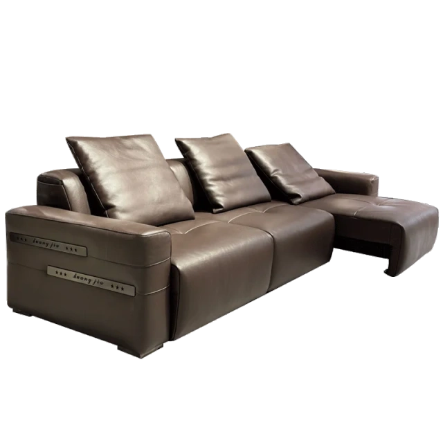 Elegant Brown Leather Sofa with Adjustable Headrests,Elegant Brown Leather Sofa with Adjustable Headrests