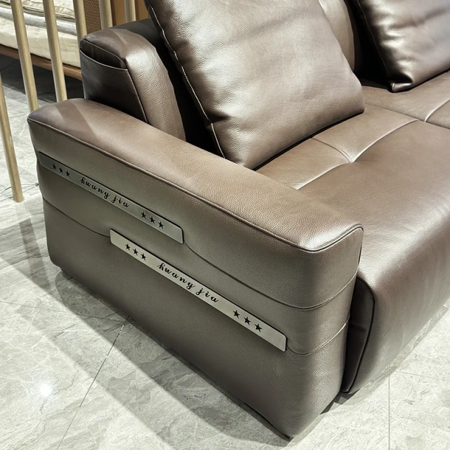 Elegant Brown Leather Sofa with Adjustable Headrests,Elegant Brown Leather Sofa with Adjustable Headrests