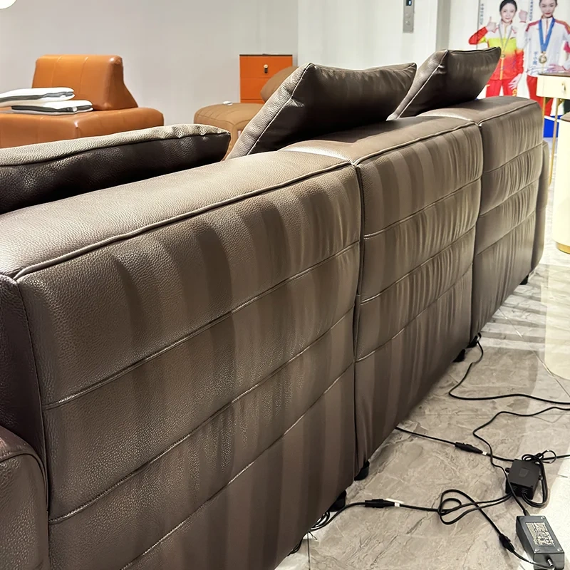 Elegant Brown Leather Sofa with Adjustable Headrests,Elegant Brown Leather Sofa with Adjustable Headrests