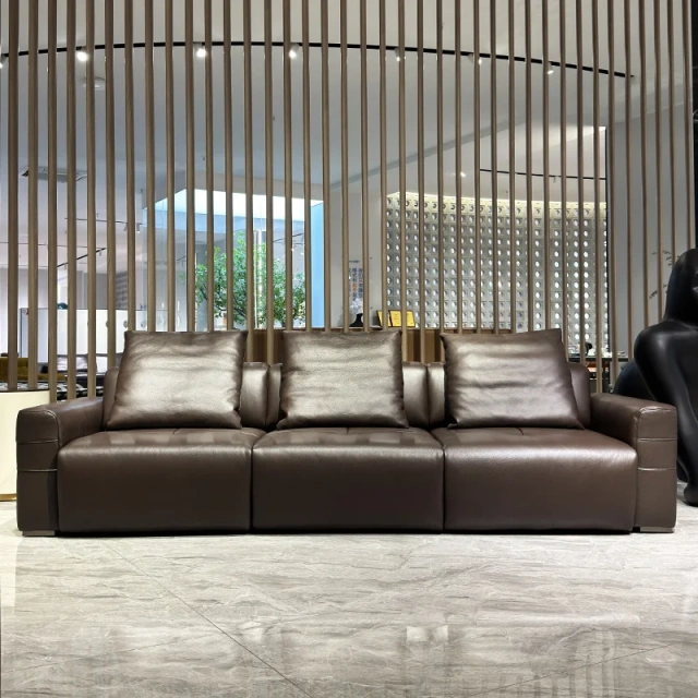 Elegant Brown Leather Sofa with Adjustable Headrests,Elegant Brown Leather Sofa with Adjustable Headrests