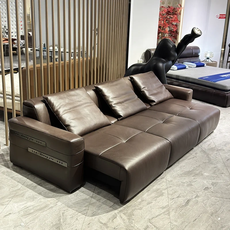 Elegant Brown Leather Sofa with Adjustable Headrests,Elegant Brown Leather Sofa with Adjustable Headrests