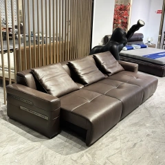 Elegant Brown Leather Sofa with Adjustable Headrests,Elegant Brown Leather Sofa with Adjustable Headrests