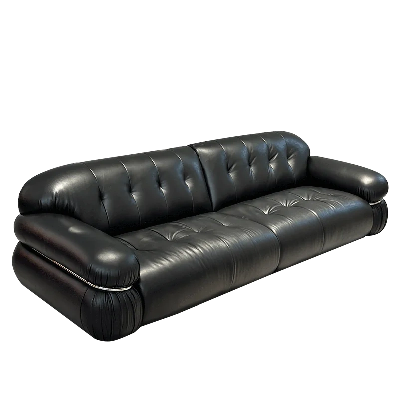 Glossy Black Leather Curved Sofa with Tufted Backrests,Glossy Black Leather Curved Sofa with Tufted Backrests