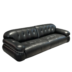 Glossy Black Leather Curved Sofa with Tufted Backrests,Glossy Black Leather Curved Sofa with Tufted Backrests