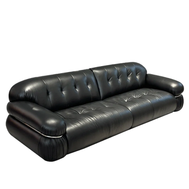 Glossy Black Leather Curved Sofa with Tufted Backrests,Glossy Black Leather Curved Sofa with Tufted Backrests