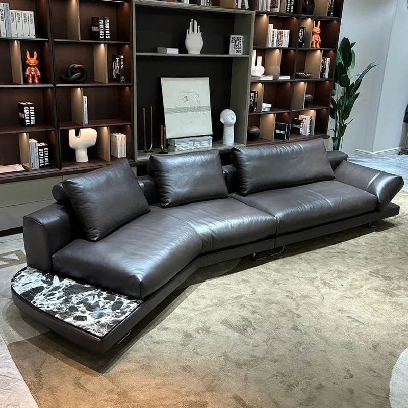 Contemporary Dark Grey Leather L-Shaped Sofa with Ottoman,Contemporary Dark Grey Leather L-Shaped Sofa with Ottoman