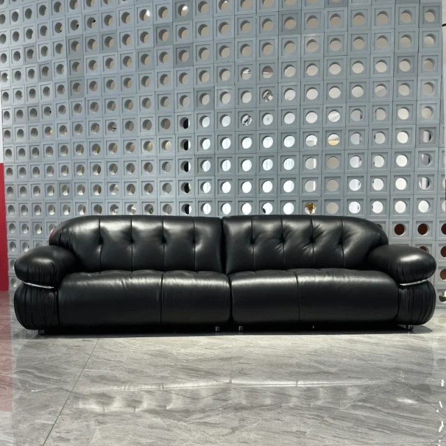 Glossy Black Leather Curved Sofa with Tufted Backrests,Glossy Black Leather Curved Sofa with Tufted Backrests