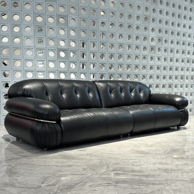 Glossy Black Leather Curved Sofa with Tufted Backrests,Glossy Black Leather Curved Sofa with Tufted Backrests