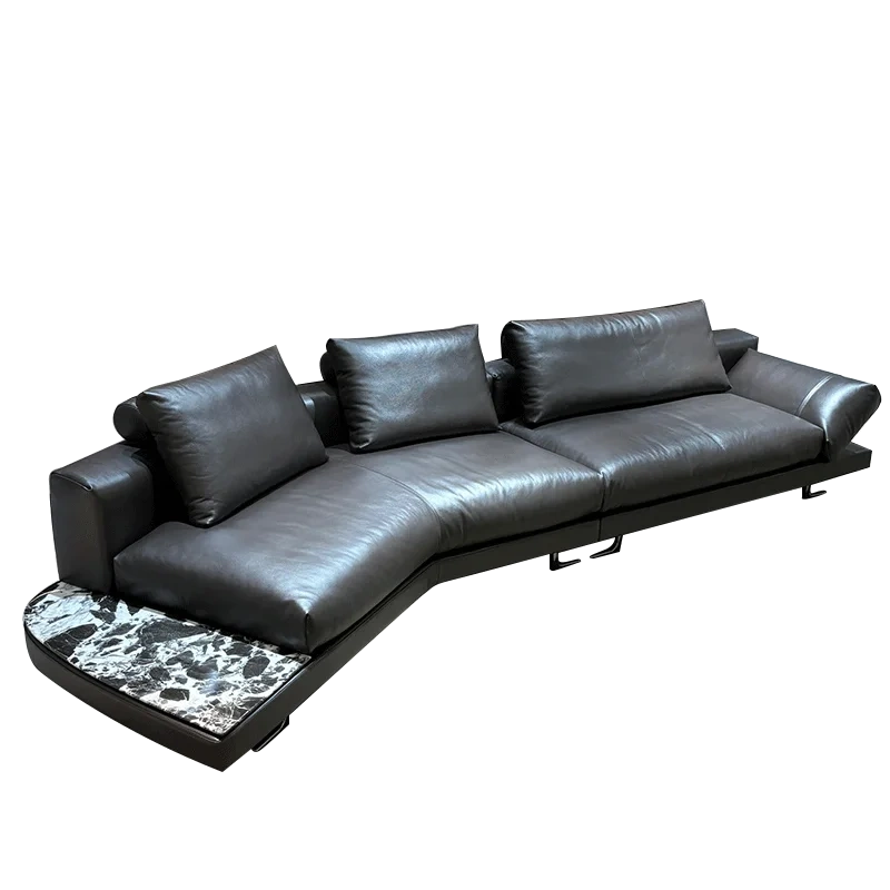 Contemporary Dark Grey Leather L-Shaped Sofa with Ottoman,Contemporary Dark Grey Leather L-Shaped Sofa with Ottoman