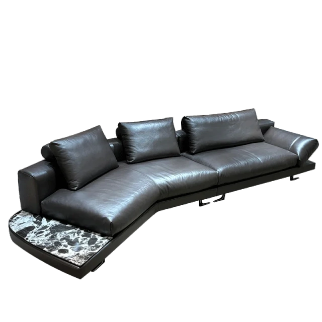 Contemporary Dark Grey Leather L-Shaped Sofa with Ottoman,Contemporary Dark Grey Leather L-Shaped Sofa with Ottoman