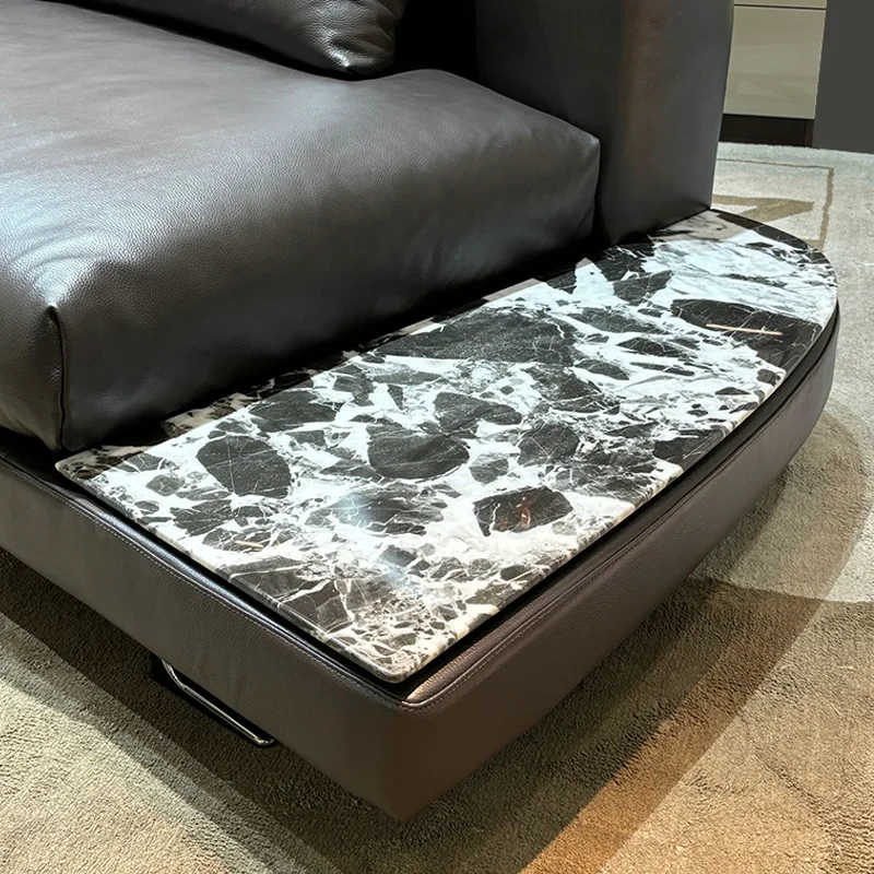 Contemporary Dark Grey Leather L-Shaped Sofa with Ottoman,Contemporary Dark Grey Leather L-Shaped Sofa with Ottoman