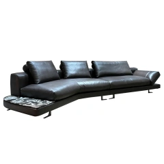 Contemporary Dark Grey Leather L-Shaped Sofa with Ottoman,Contemporary Dark Grey Leather L-Shaped Sofa with Ottoman