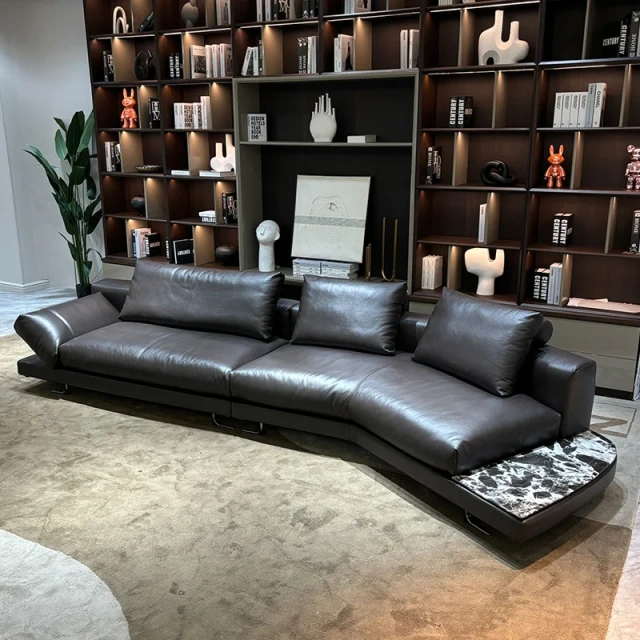 Contemporary Dark Grey Leather L-Shaped Sofa with Ottoman,Contemporary Dark Grey Leather L-Shaped Sofa with Ottoman