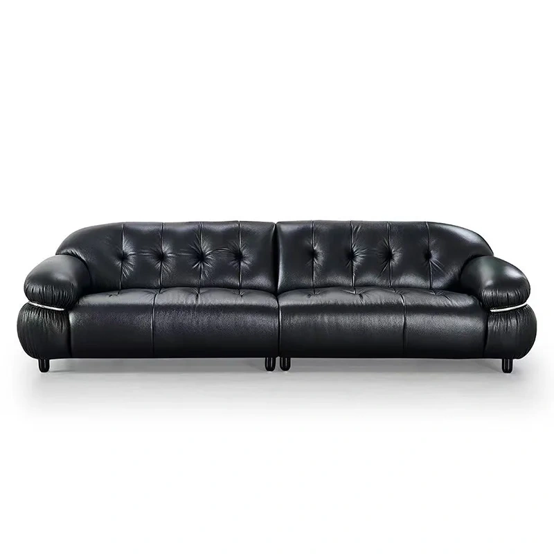 Glossy Black Leather Curved Sofa with Tufted Backrests,Glossy Black Leather Curved Sofa with Tufted Backrests