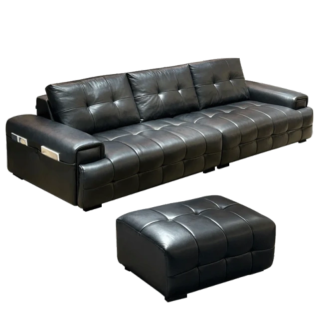 Luxurious Dark Grey Leather Sofa with Tufted Accents,Luxurious Dark Grey Leather Sofa with Tufted Accents