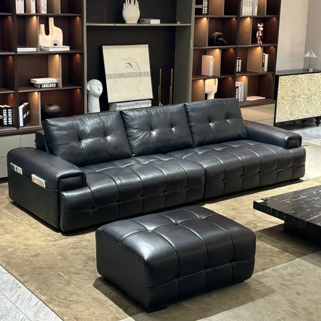 Luxurious Dark Grey Leather Sofa with Tufted Accents,Luxurious Dark Grey Leather Sofa with Tufted Accents